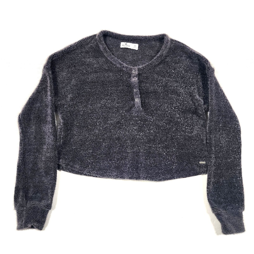 Hollister Henley Sweater Womens XS Quarter Button Cropped Fuzzy Round Neck Y2K